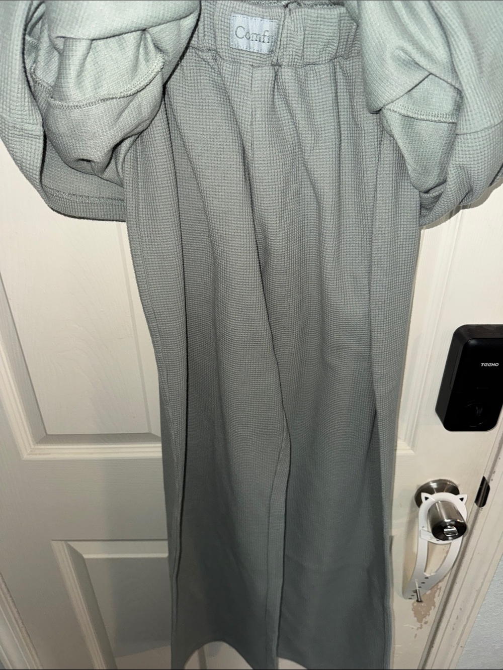 Waffle Knit Short-Sleeve Top and Pant Set - Sage Green - Picture 3 of 4